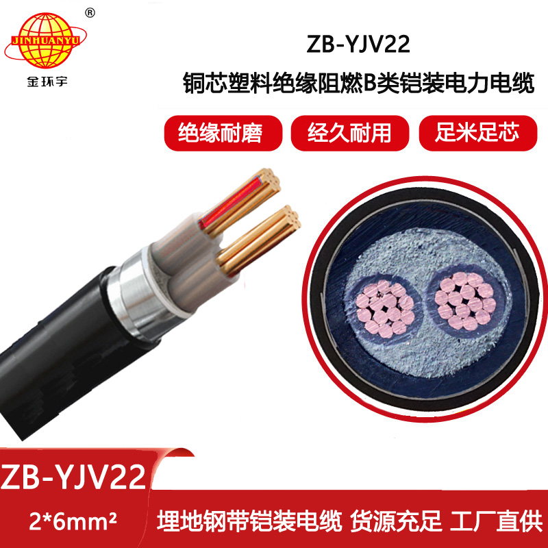 金環宇電線電纜 銅芯低壓阻燃電纜ZB-YJV22-2X6平方鎧裝電纜