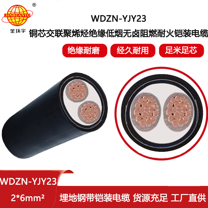 金環(huán)宇電纜 深圳低煙無(wú)鹵電纜WDZN-YJY23-2X6平方 耐火電纜鎧裝