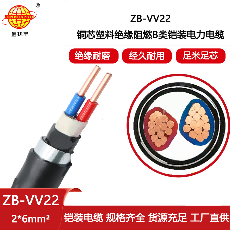 金環宇電線電纜  銅芯 阻燃電力電纜ZB-VV22-2X6平方vv22鎧裝電纜